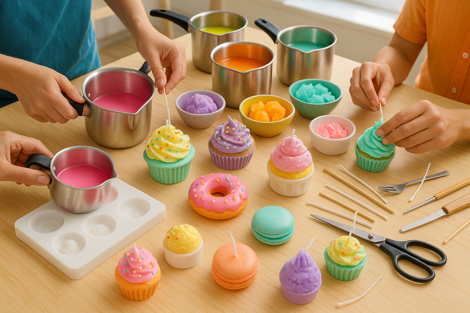taller de velas, haciend tu propia vela con colores alegres y sean tipo postre